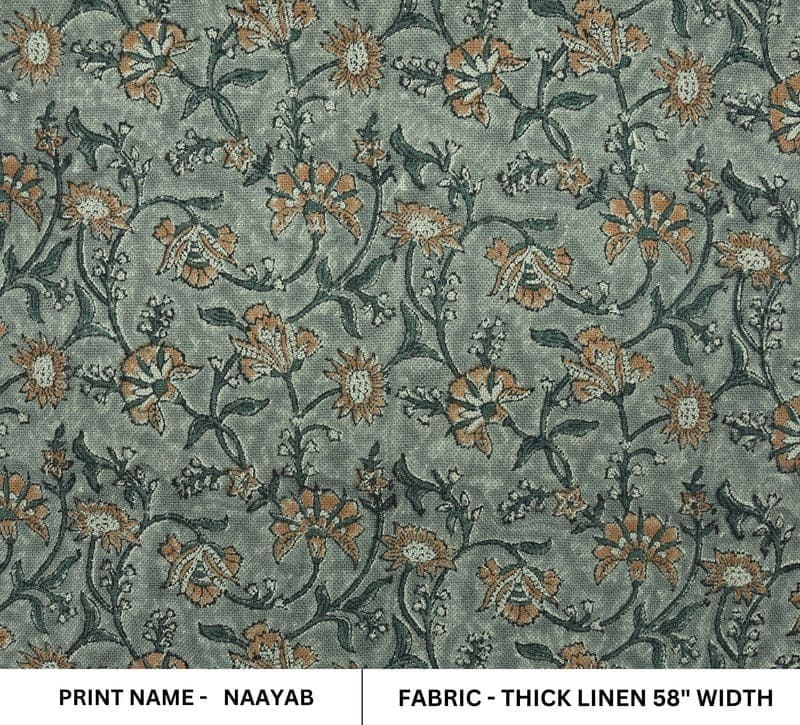 Artisan Block Print Brown & Gray Floral Thick Linen Fabric - Naayab