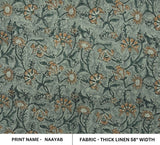 Artisan Block Print Brown & Gray Floral Thick Linen Fabric - Naayab
