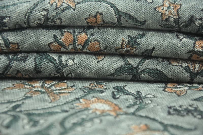 Artisan Block Print Brown & Gray Floral Thick Linen Fabric - Naayab