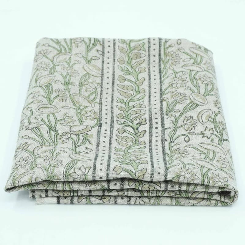Indian Hand Block Print Green Thick Linen Fabric - Pishta Border