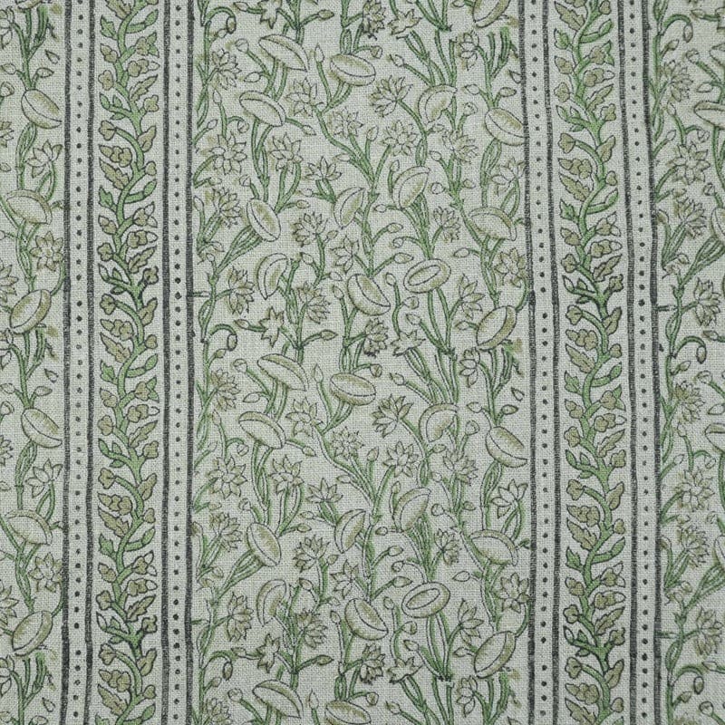 Indian Hand Block Print Green Thick Linen Fabric - Pishta Border