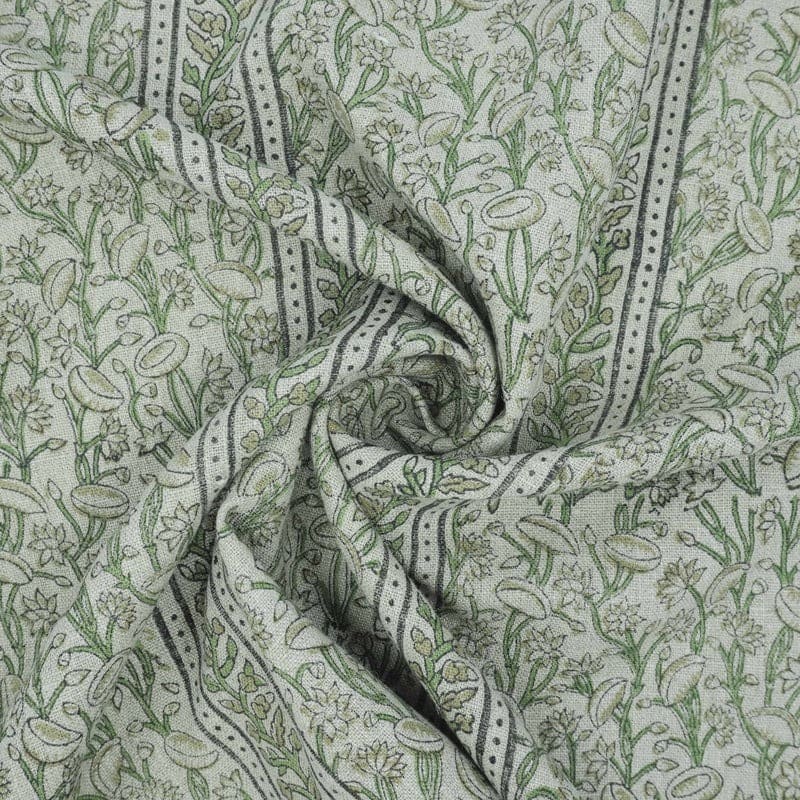 Indian Hand Block Print Green Thick Linen Fabric - Pishta Border