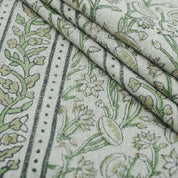 Indian Hand Block Print Green Thick Linen Fabric - Pishta Border