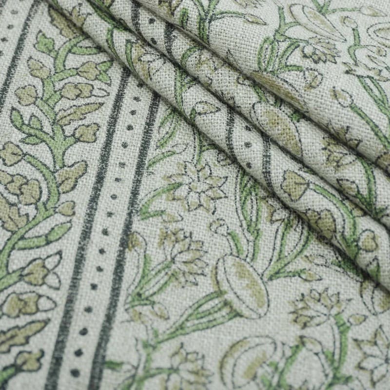 Indian Hand Block Print Green Thick Linen Fabric - Pishta Border