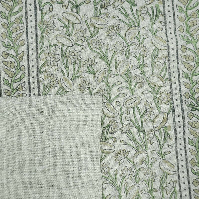 Indian Hand Block Print Green Thick Linen Fabric - Pishta Border
