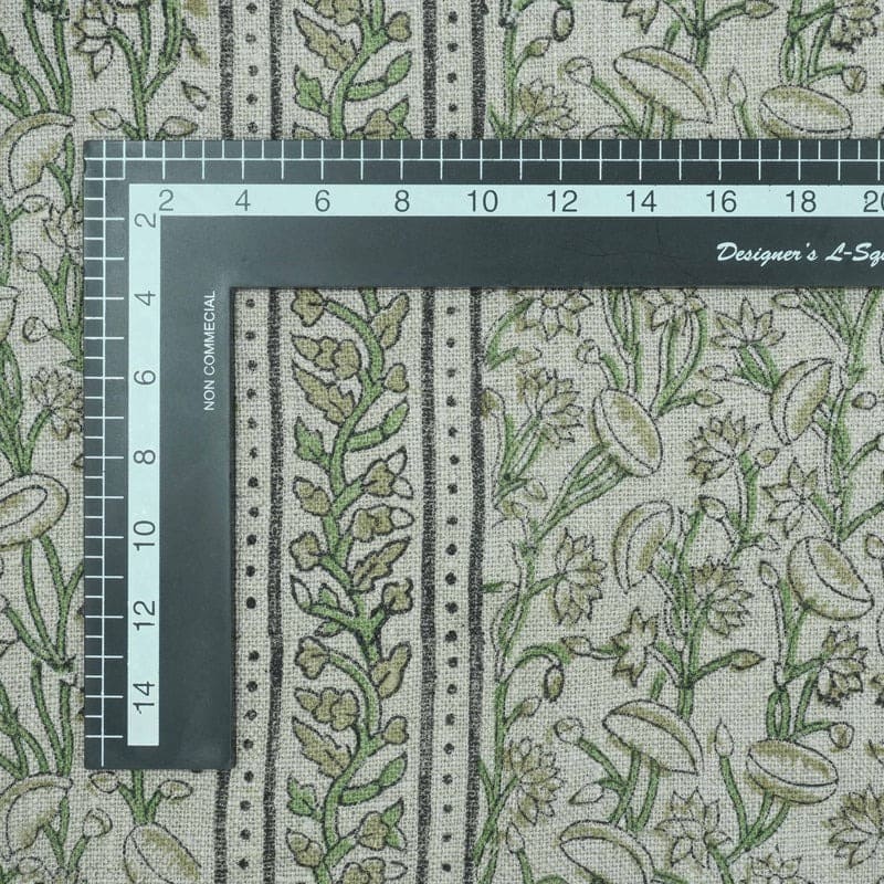 Indian Hand Block Print Green Thick Linen Fabric - Pishta Border
