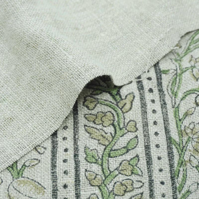 Indian Hand Block Print Green Thick Linen Fabric - Pishta Border