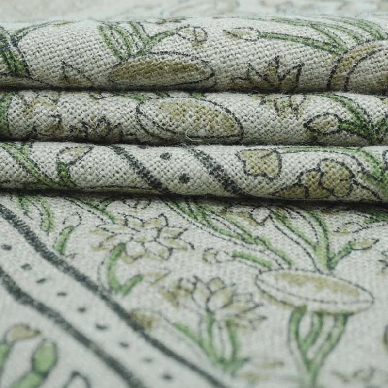 Indian Hand Block Print Green Thick Linen Fabric - Pishta Border