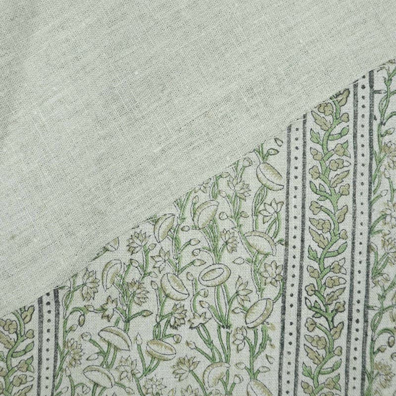Indian Hand Block Print Green Thick Linen Fabric - Pishta Border