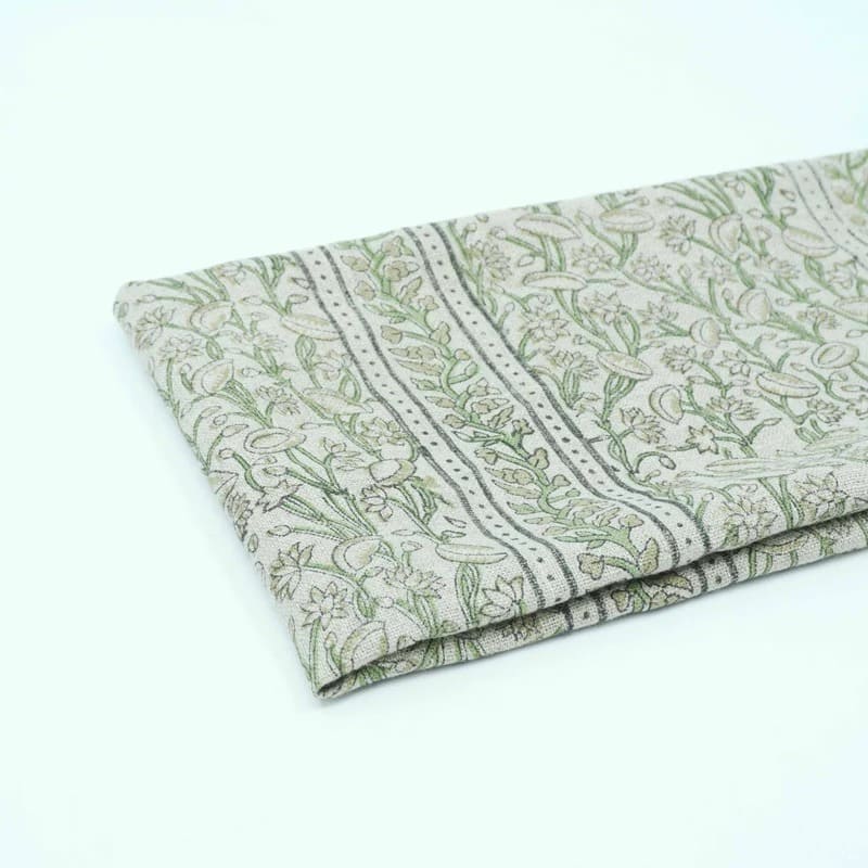 Indian Hand Block Print Green Thick Linen Fabric - Pishta Border