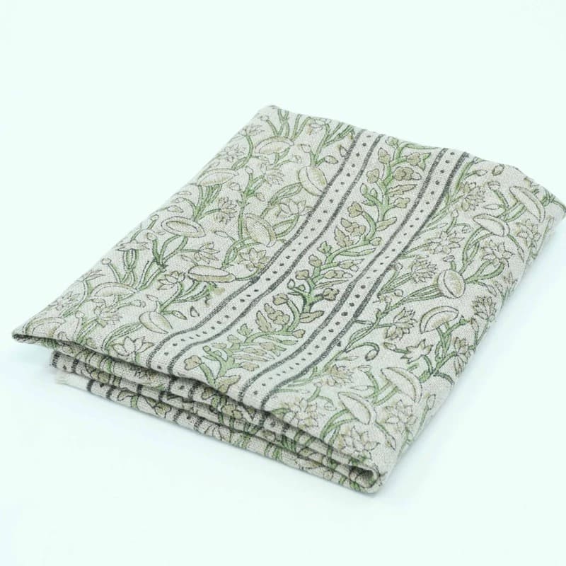 Indian Hand Block Print Green Thick Linen Fabric - Pishta Border