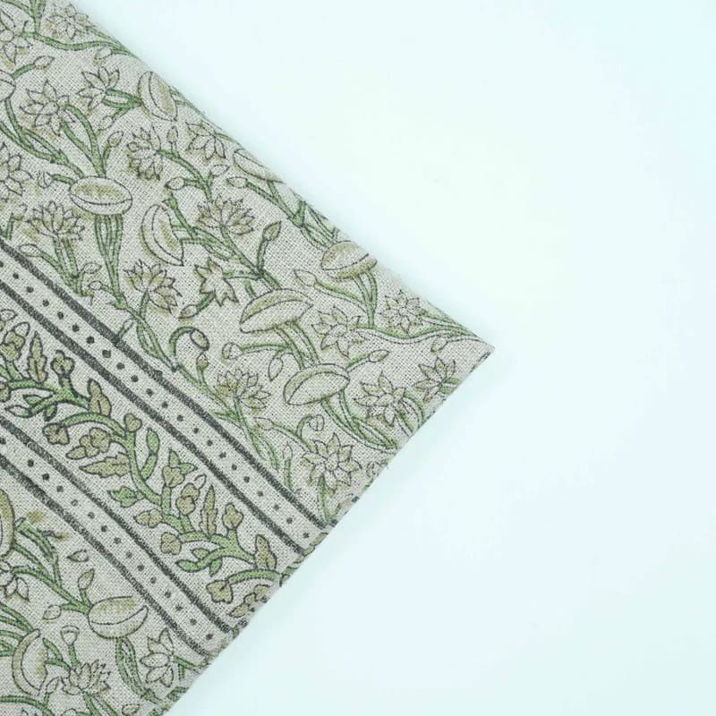 Indian Hand Block Print Green Thick Linen Fabric - Pishta Border