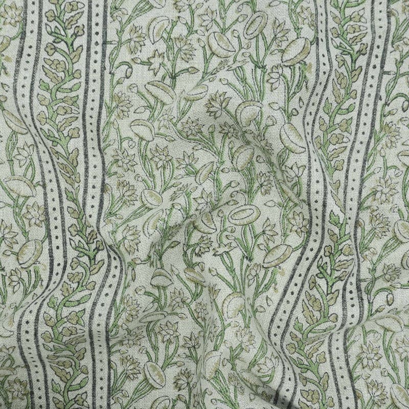 Indian Hand Block Print Green Thick Linen Fabric - Pishta Border