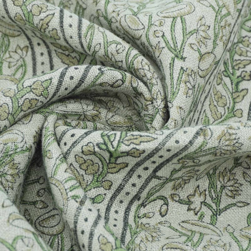 Indian Hand Block Print Green Thick Linen Fabric - Pishta Border
