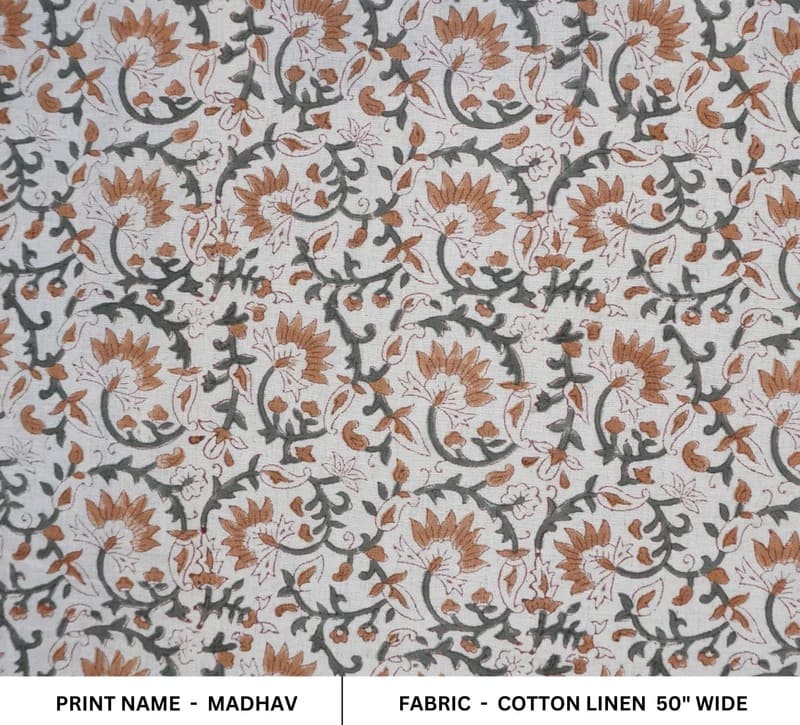 Indian Hand Block Floral Linen Fabric For Table Cover - Madhav