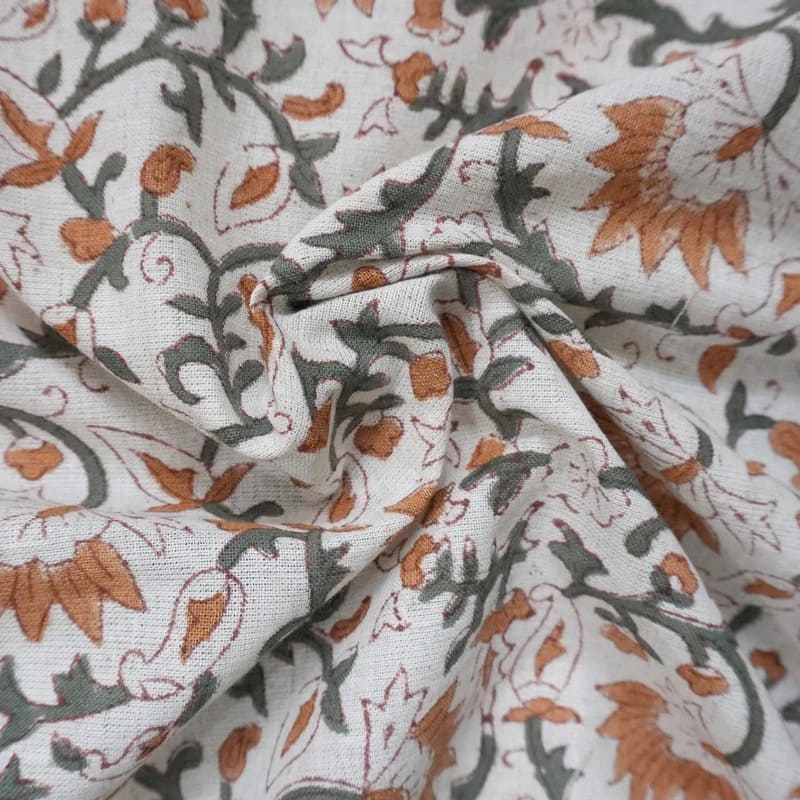 Indian Hand Block Floral Linen Fabric For Table Cover - Madhav