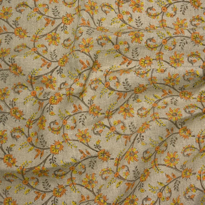 Indian Hand Block Print Mustard Floral Pure Linen Fabric - Varanasi