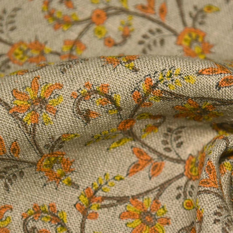 Indian Hand Block Print Mustard Floral Pure Linen Fabric - Varanasi