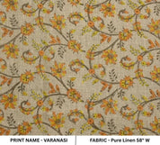 Indian Hand Block Print Mustard Floral Pure Linen Fabric - Varanasi