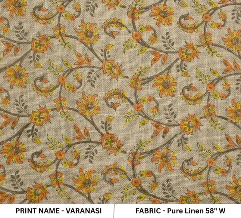 Indian Hand Block Print Mustard Floral Pure Linen Fabric - Varanasi