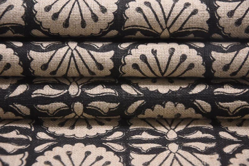Indian Handmade Block Print Black Floral Thick Linen Fabric - Bijhni
