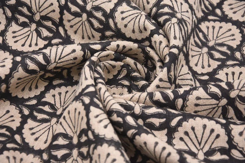 Indian Handmade Block Print Black Floral Thick Linen Fabric - Bijhni