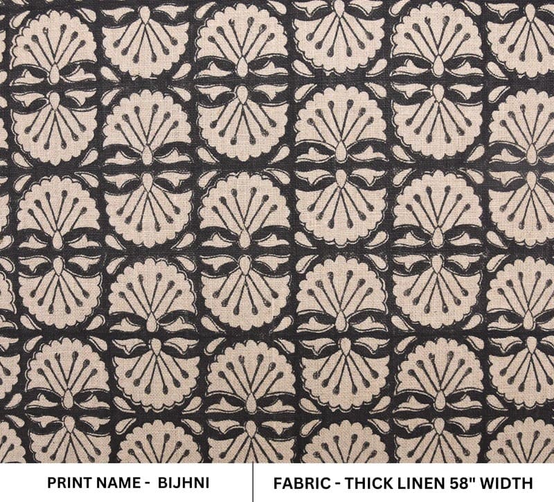 Indian Handmade Block Print Black Floral Thick Linen Fabric - Bijhni