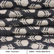 Hand Crafted Block Print Throw Black & Beige Floral Thick Linen Fabric For Farmhouse - TULSI BUTI