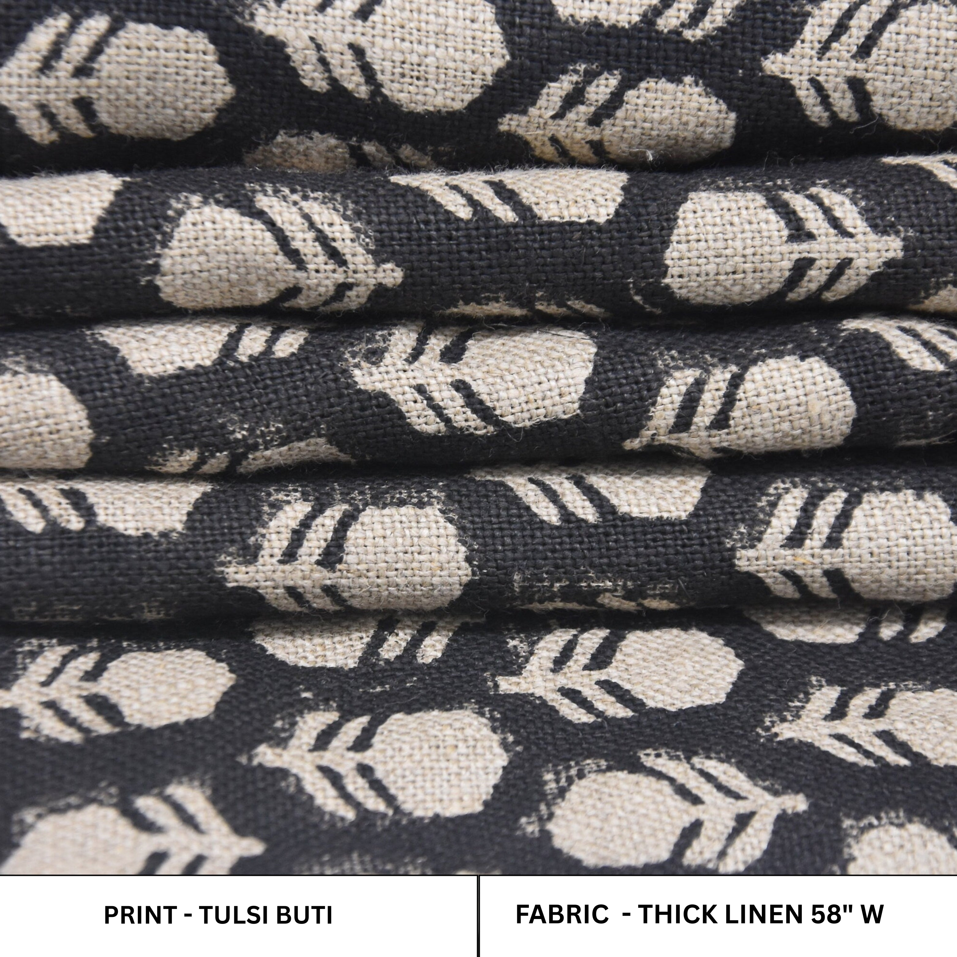 Hand Crafted Block Print Throw Black & Beige Floral Thick Linen Fabric For Farmhouse - TULSI BUTI