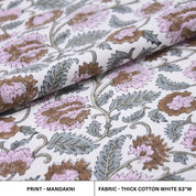 Hand Block Printed Floral Fabric in Pink, Gray & Brown on Thick Cotton White for Bedroom & Upholstery - MANDAKNI