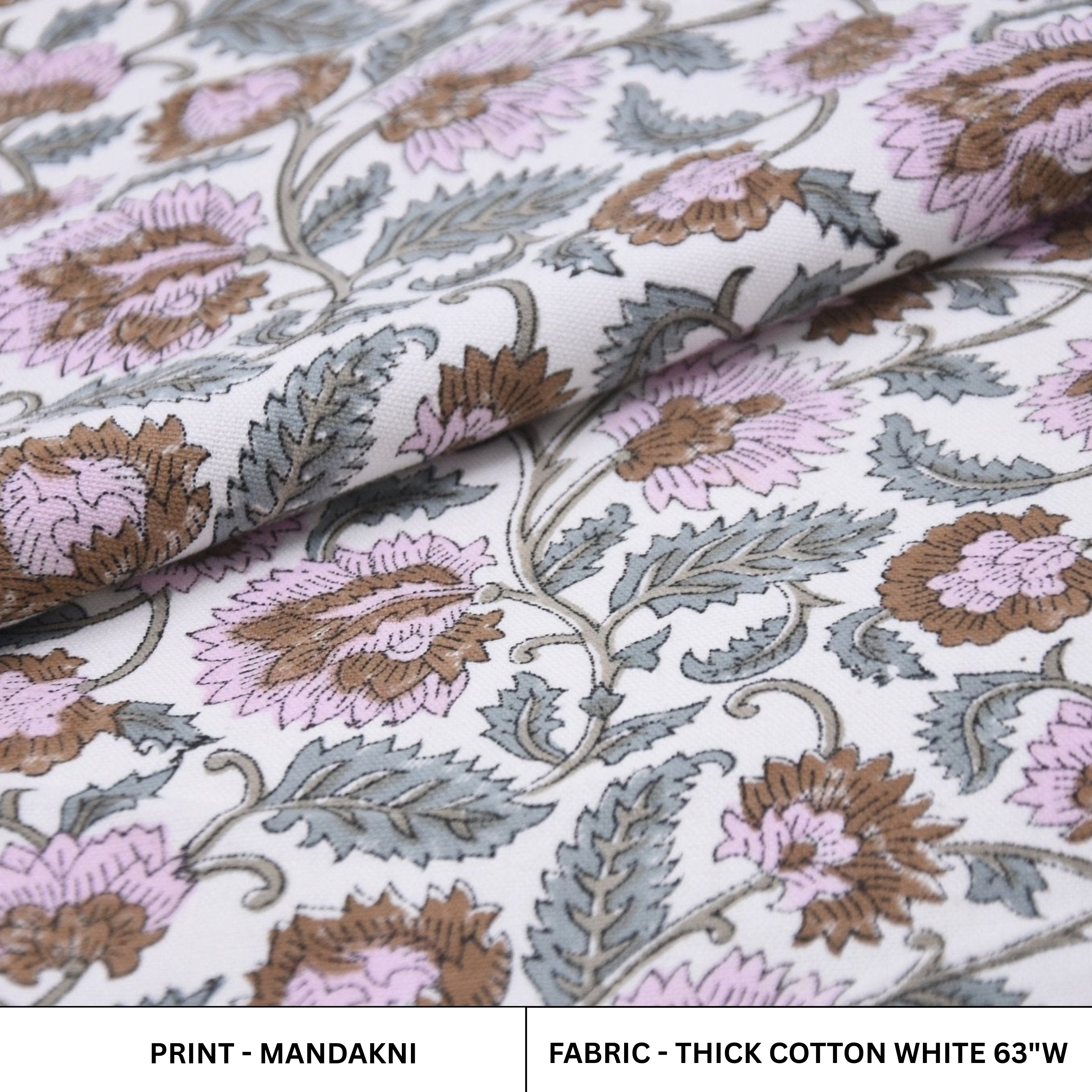 Hand Block Printed Floral Fabric in Pink, Gray & Brown on Thick Cotton White for Bedroom & Upholstery - MANDAKNI