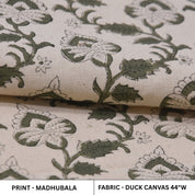 Handmade Throw Block Printed Boho Green & Beige Floral Fabric in Duck Canvas - MADHUBALA