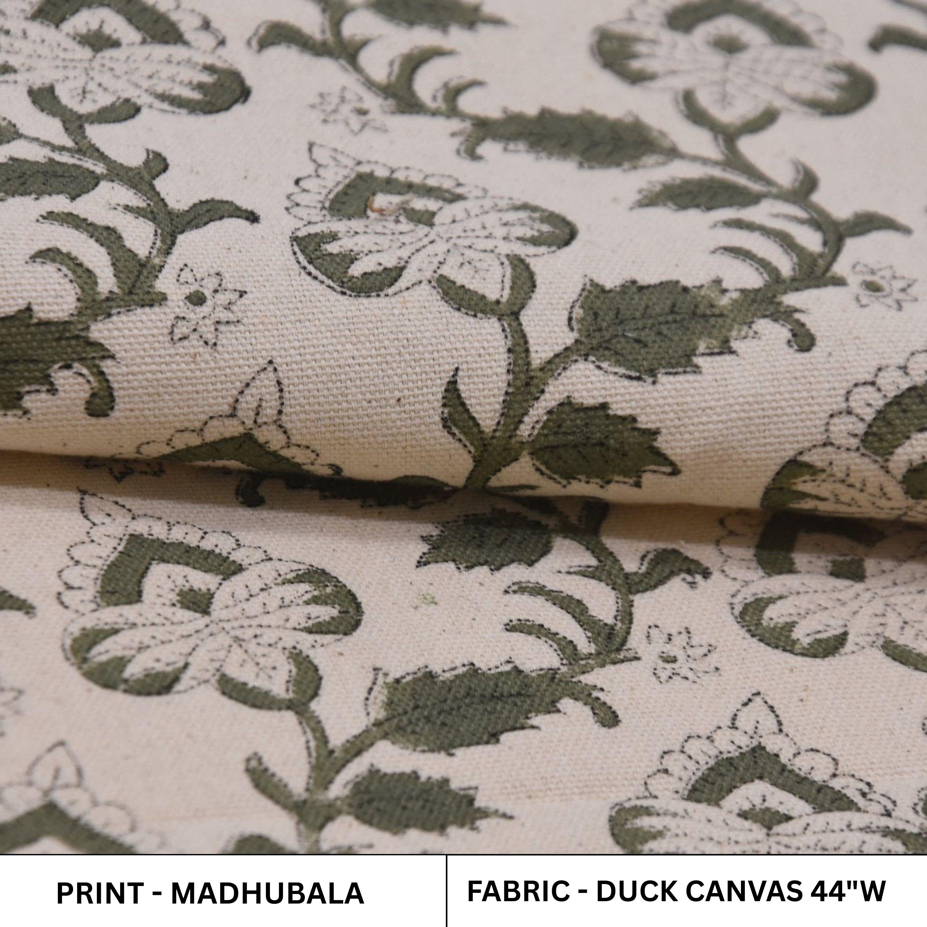 Handmade Throw Block Printed Boho Green & Beige Floral Fabric in Duck Canvas - MADHUBALA