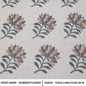 Pattern of floral designs on a fabric swatch labeled 'Summer Flower' with fabric details.