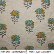 Floral Block Printed Brown and Green Sheen Handmade Duck Canvas Fabric - SUMMER FLOWER