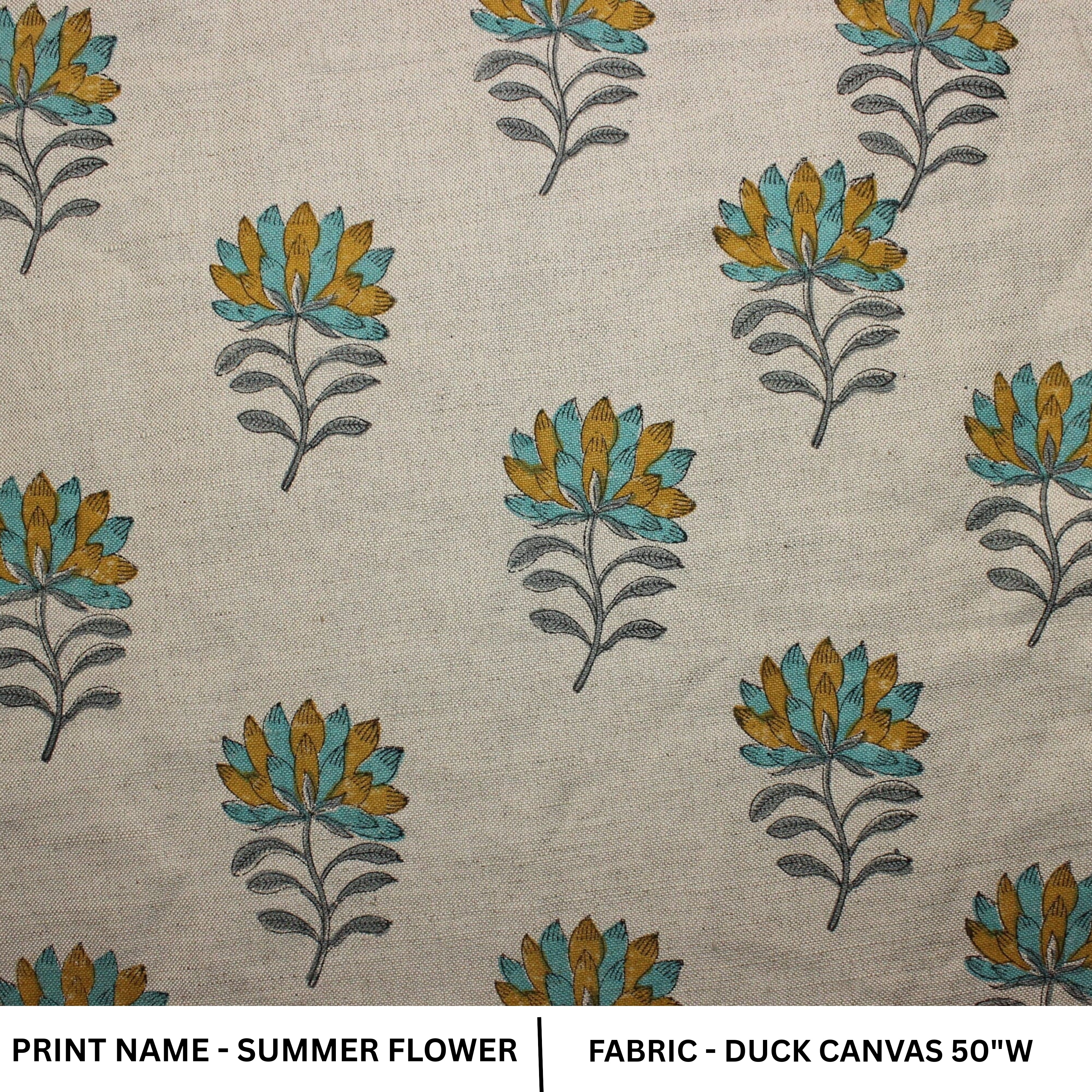 Floral Block Printed Brown and Green Sheen Handmade Duck Canvas Fabric - SUMMER FLOWER