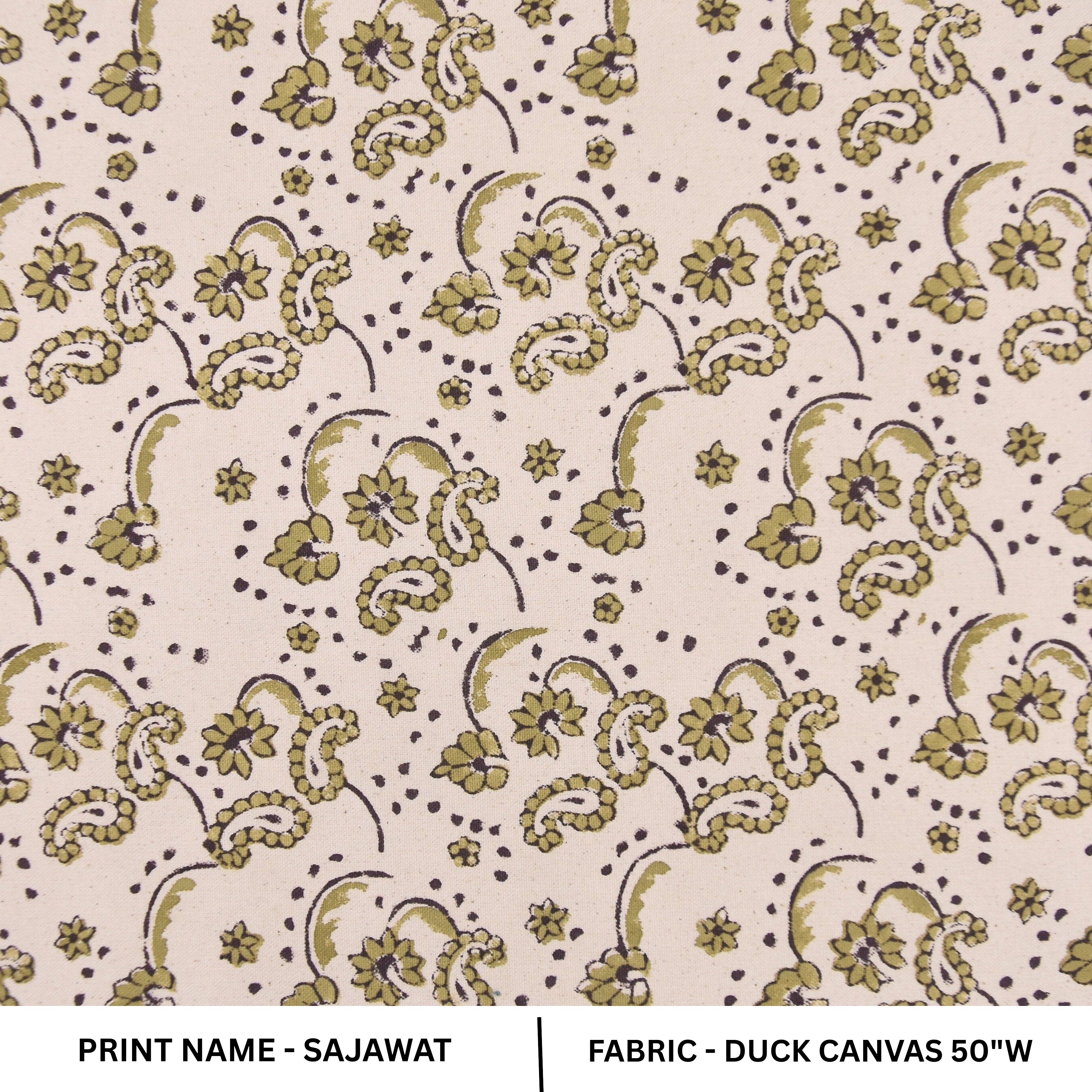 Handmade Throw Green Floral Rosy Pink Block Printed Duck Canvas Fabric for Curtains - SAJAWAT