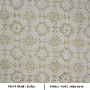 Decorative fabric pattern with 'Suraj' print name on a light gray background