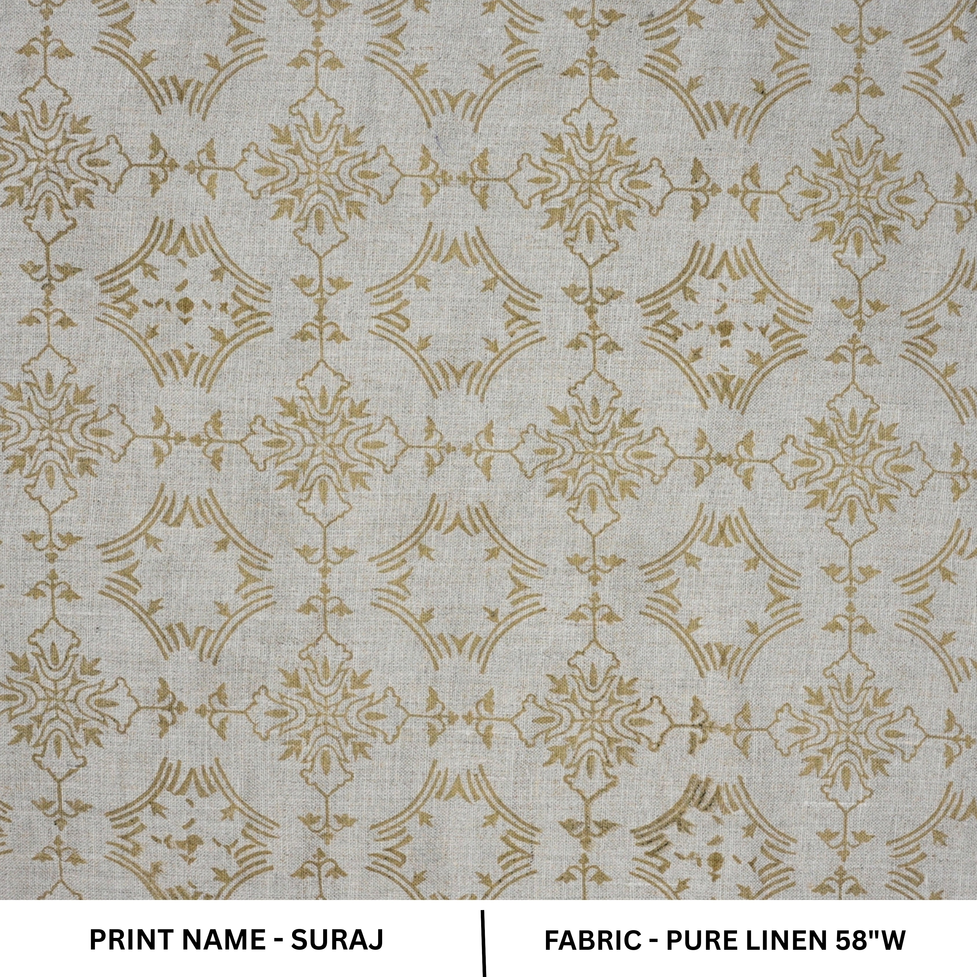 Decorative fabric pattern with 'Suraj' print name on a light gray background