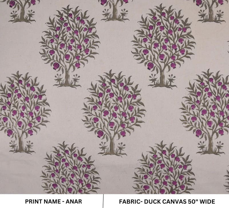 Handcrafted Block Print Beige Floral Duck Canvas Fabric - Anar