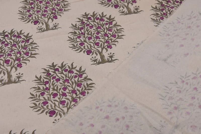 Handcrafted Block Print Beige Floral Duck Canvas Fabric - Anar