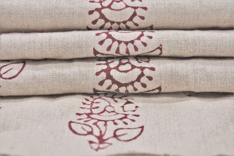 Premium Hand Block Print Brown Floral Pure Linen Fabric - Zuri Rust