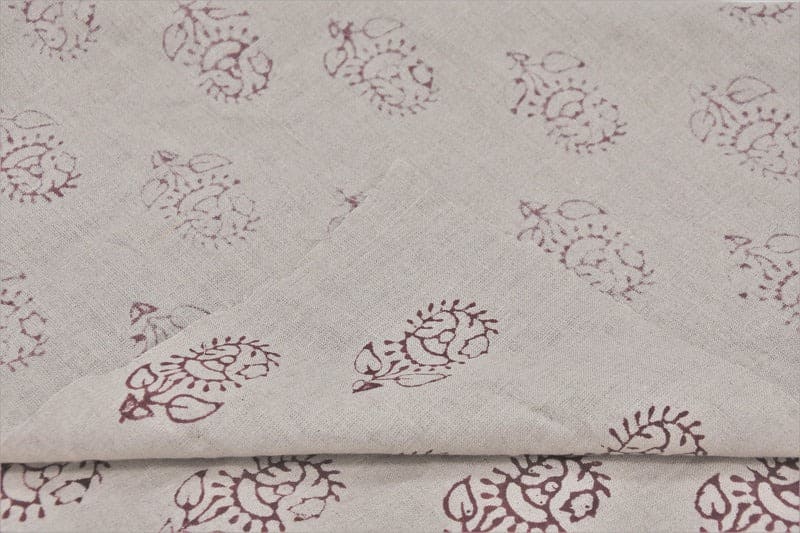 Premium Hand Block Print Brown Floral Pure Linen Fabric - Zuri Rust