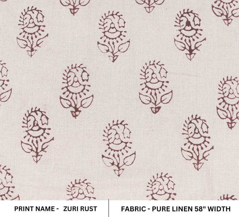 Premium Hand Block Print Brown Floral Pure Linen Fabric - Zuri Rust