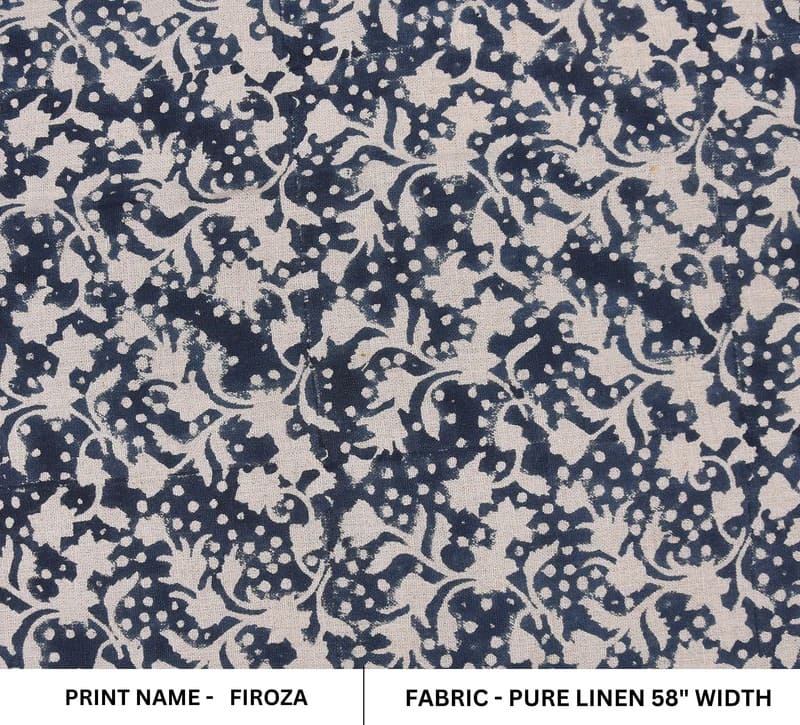 Premium Hand Block Print Blue Floarl Pure Linen Fabric - Firoza