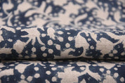 Premium Hand Block Print Blue Floarl Pure Linen Fabric - Firoza