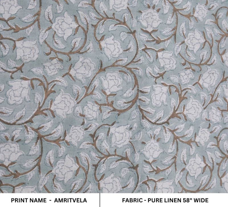 Aristan Hand Block Print Blue Floral Pure Linen 58W Fabric - Amritvela