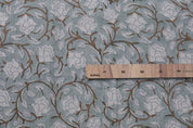 Aristan Hand Block Print Blue Floral Pure Linen 58W Fabric - Amritvela
