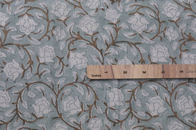 Aristan Hand Block Print Blue Floral Pure Linen 58W Fabric - Amritvela