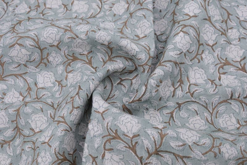 Aristan Hand Block Print Blue Floral Pure Linen 58W Fabric - Amritvela